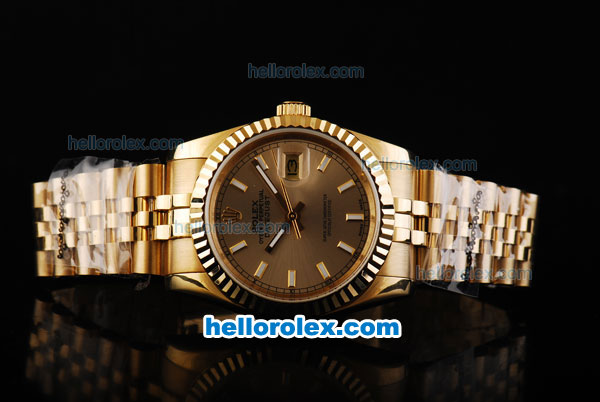 Rolex Datejust Automatic Movement Full Gold with Gold Dial and White Stick Marking - Click Image to Close